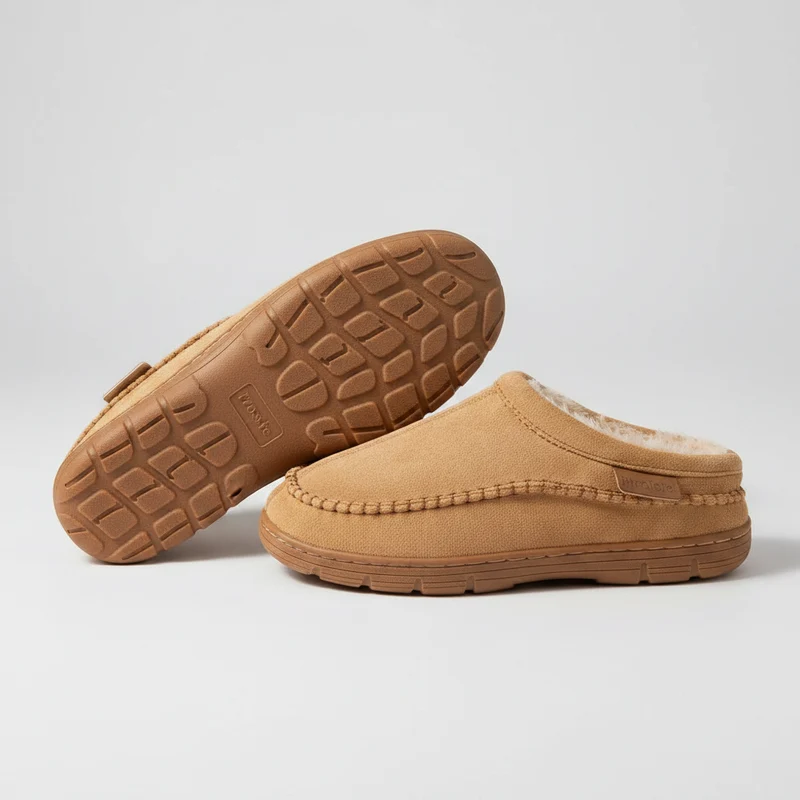 Comode pantofole da uomo in finta pelle scamosciata, firmate da un designer, per il massimo comfort a casa.