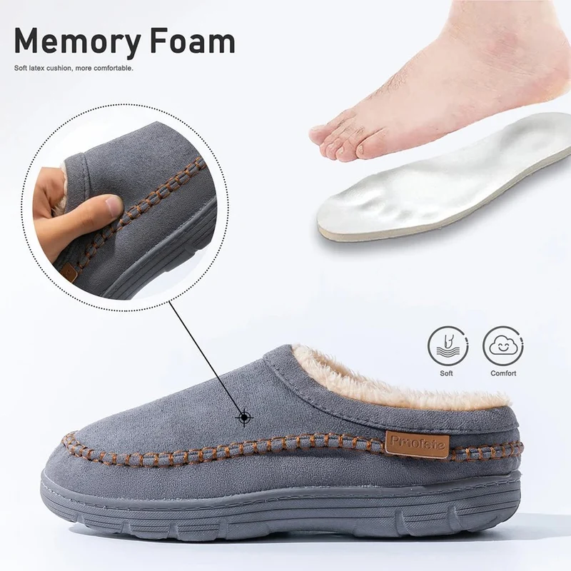 Comode pantofole da uomo in finta pelle scamosciata, firmate da un designer, per il massimo comfort a casa.