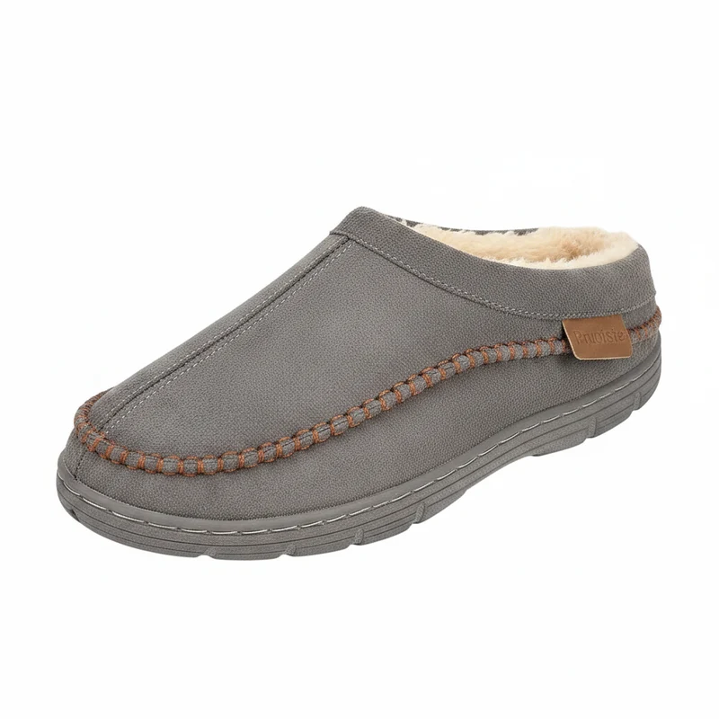 Comode pantofole da uomo in finta pelle scamosciata, firmate da un designer, per il massimo comfort a casa.