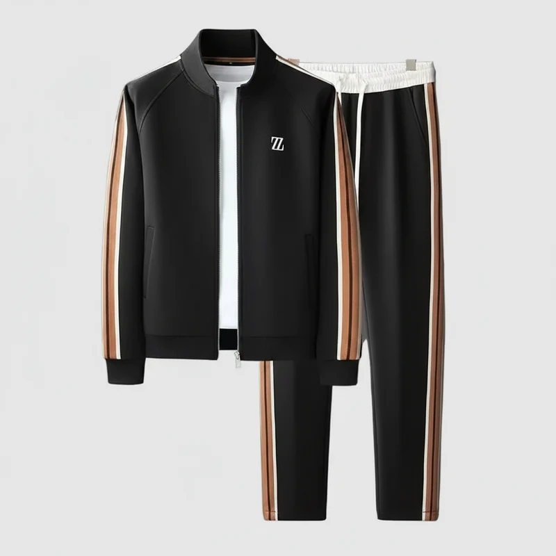 Elegante completo da uomo con giacca e pantaloni ricamati, perfetto per tutti i giorni.