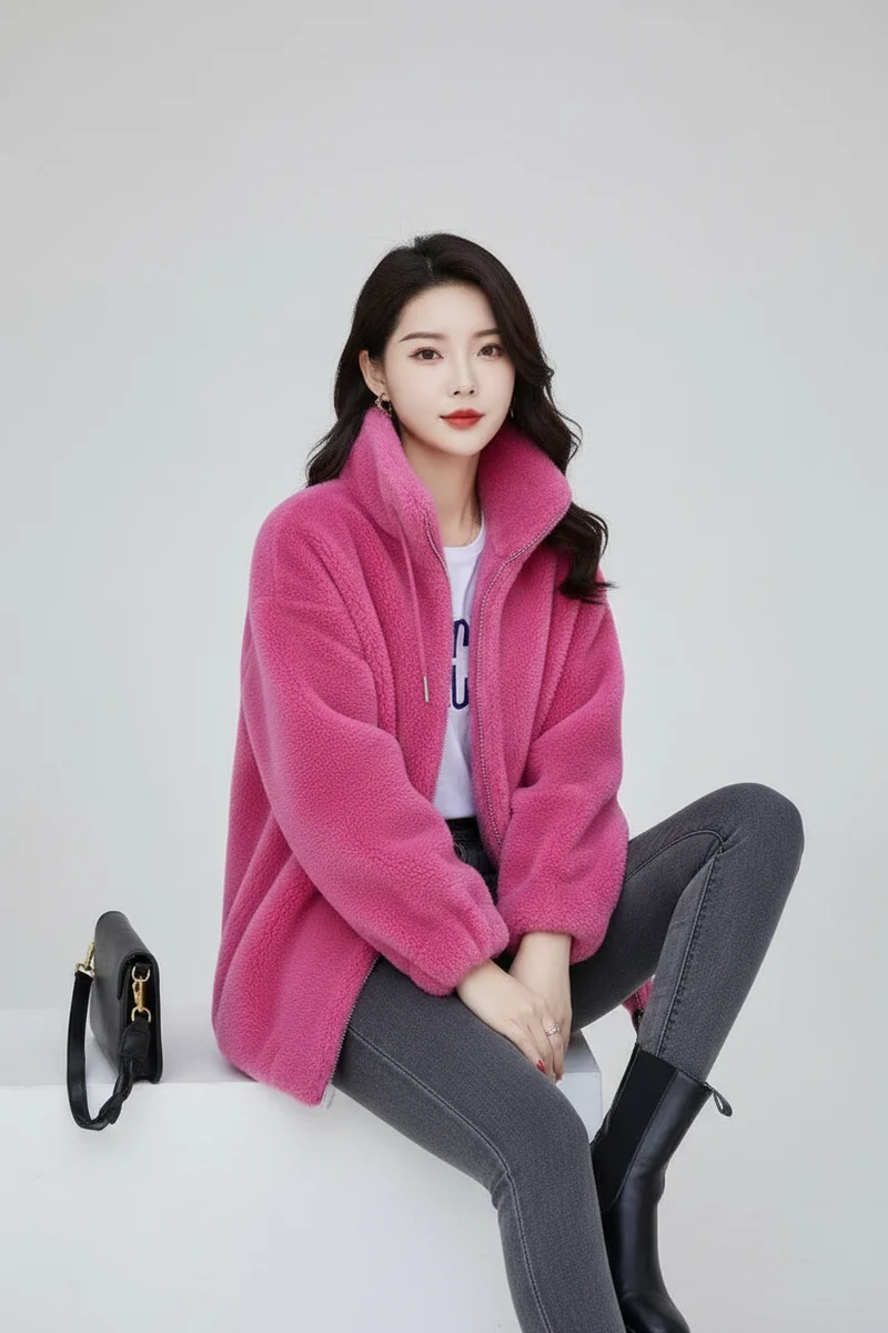 Cappotto invernale da donna in pile con collo alto e chiusura a zip, maniche lunghe.