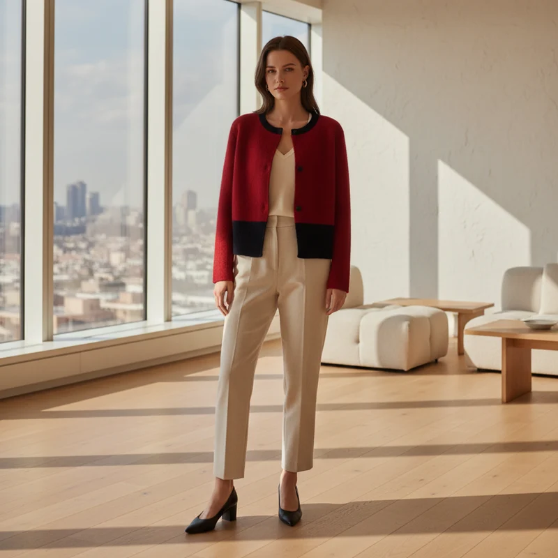 Giacca-maglione da donna Xiaoxiangfeng con inserti a contrasto, ideale per un look accogliente in autunno, inverno e primavera.