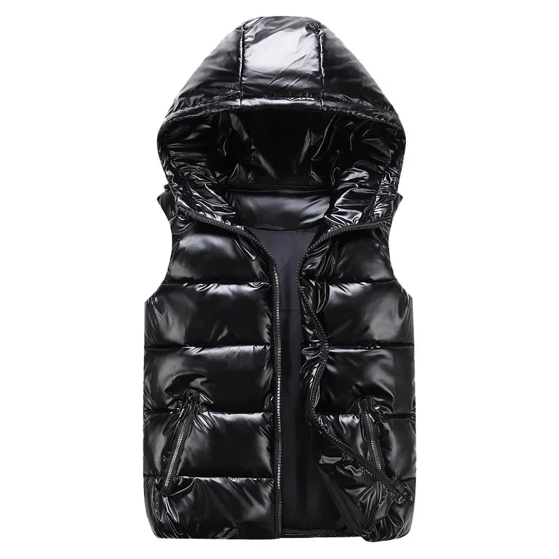 Gilet invernale da uomo senza maniche - Giacca con cappuccio lucida e alla moda con tasche, gilet imbottito in cotone caldo nei colori rosso e nero per l'autunno