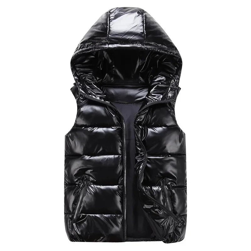 Gilet invernale da uomo senza maniche - Giacca con cappuccio lucida e alla moda con tasche, gilet imbottito in cotone caldo nei colori rosso e nero per l'autunno