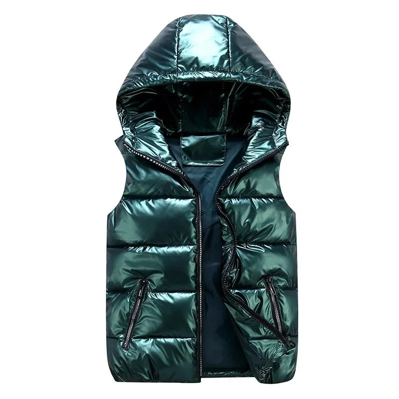 Gilet invernale da uomo senza maniche - Giacca con cappuccio lucida e alla moda con tasche, gilet imbottito in cotone caldo nei colori rosso e nero per l'autunno