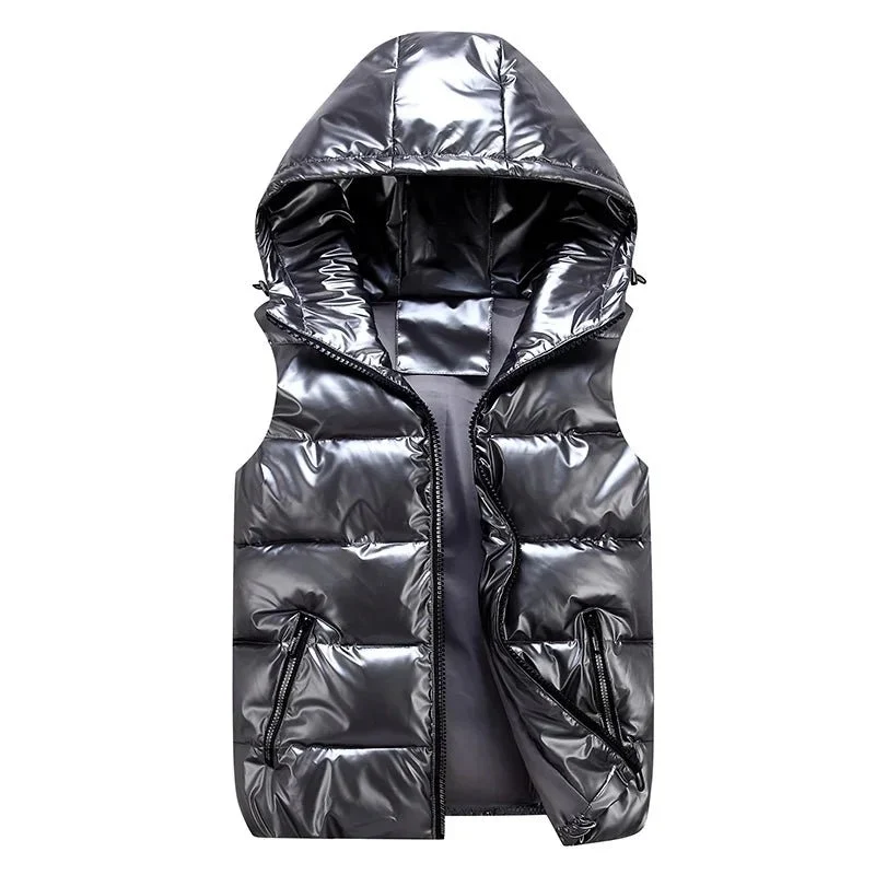 Gilet invernale da uomo senza maniche - Giacca con cappuccio lucida e alla moda con tasche, gilet imbottito in cotone caldo nei colori rosso e nero per l'autunno