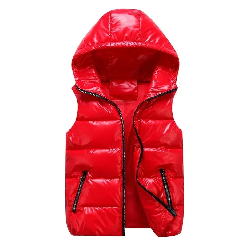 Gilet invernale da uomo senza maniche - Giacca con cappuccio lucida e alla moda con tasche, gilet imbottito in cotone caldo nei colori rosso e nero per l'autunno