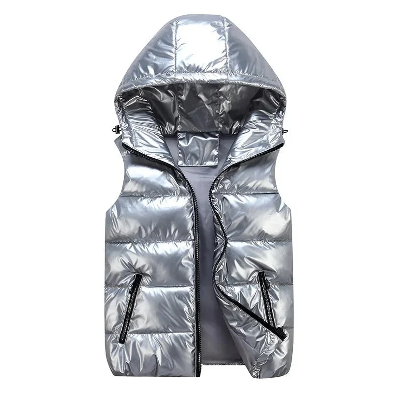 Gilet invernale da uomo senza maniche - Giacca con cappuccio lucida e alla moda con tasche, gilet imbottito in cotone caldo nei colori rosso e nero per l'autunno