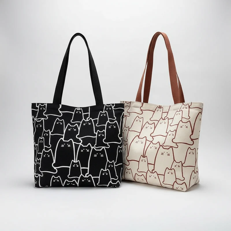 Borsa a tracolla con motivo gatto carino – Borsa a spalla in tela in stile giapponese con cerniera