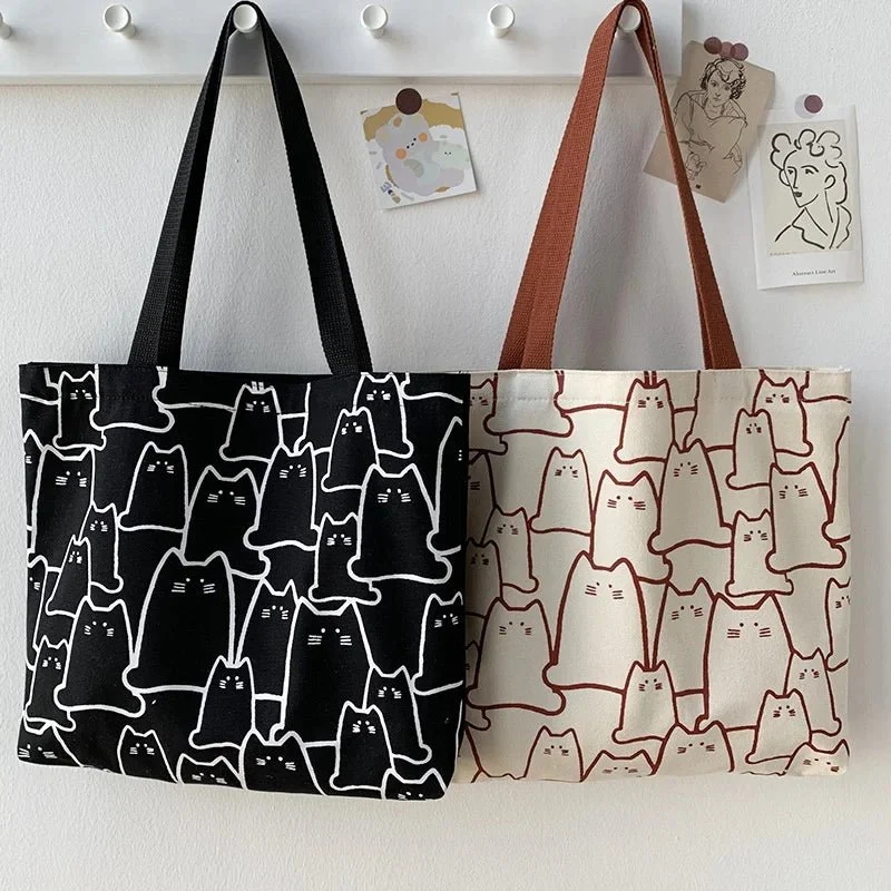 Borsa a tracolla con motivo gatto carino – Borsa a spalla in tela in stile giapponese con cerniera