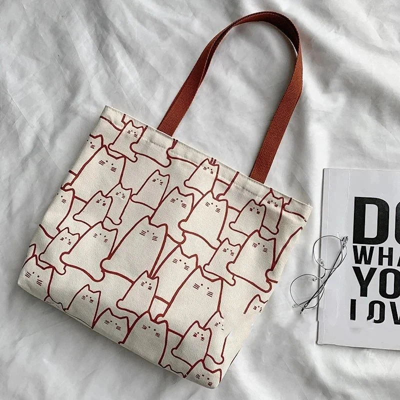 Borsa a tracolla con motivo gatto carino – Borsa a spalla in tela in stile giapponese con cerniera