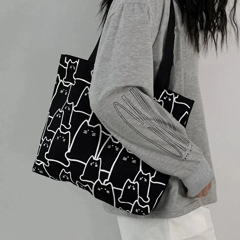 Borsa a tracolla con motivo gatto carino – Borsa a spalla in tela in stile giapponese con cerniera