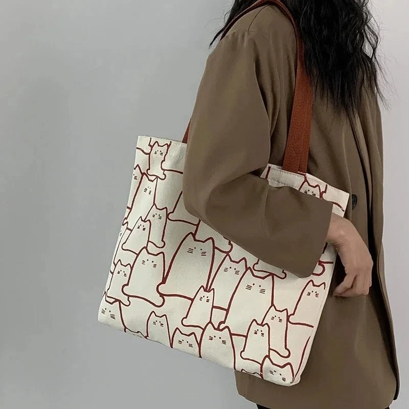 Borsa a tracolla con motivo gatto carino – Borsa a spalla in tela in stile giapponese con cerniera