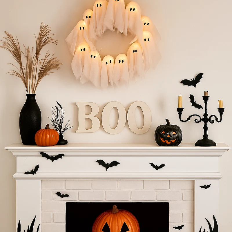 Halloweenkrans – 61 cm met kunstbladeren en 20 warmwitte ledlampjes