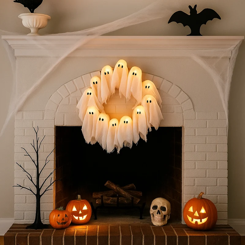 Halloweenkrans – 61 cm met kunstbladeren en 20 warmwitte ledlampjes