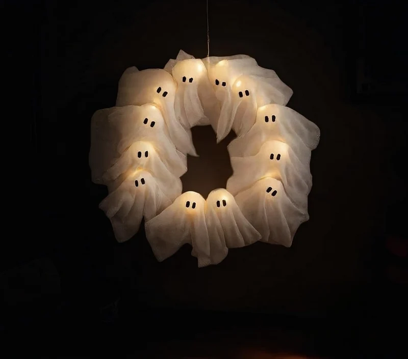 Halloweenkrans – 61 cm met kunstbladeren en 20 warmwitte ledlampjes