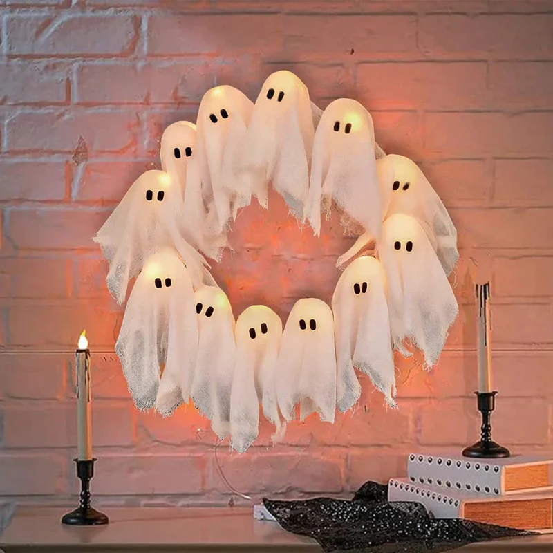 Halloweenkrans – 61 cm met kunstbladeren en 20 warmwitte ledlampjes