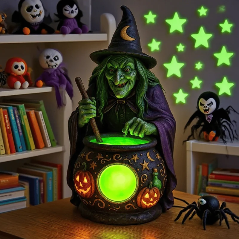 Ketellamp – Groene ledgloed in een harsen heksenketel van 15 cm