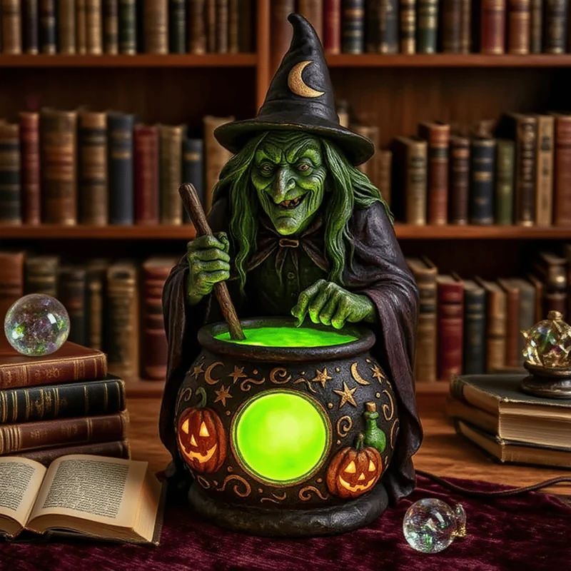 Ketellamp – Groene ledgloed in een harsen heksenketel van 15 cm
