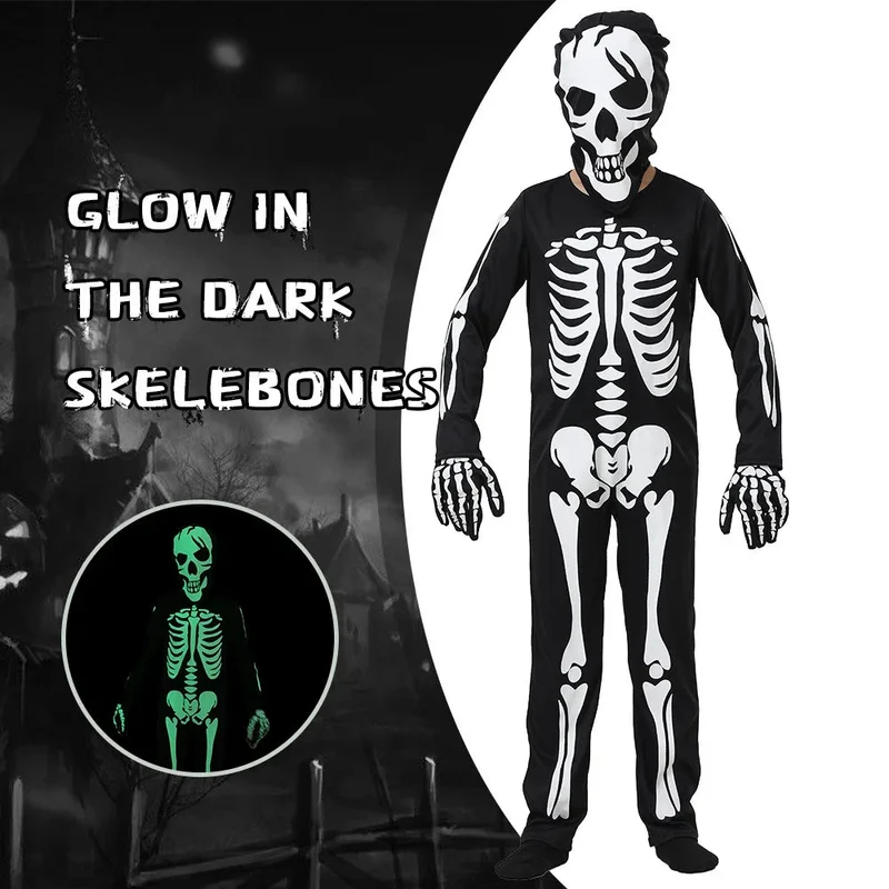 Skeletkostuum kinderen – Jumpsuit met capuchon en handschoenen die gloeien