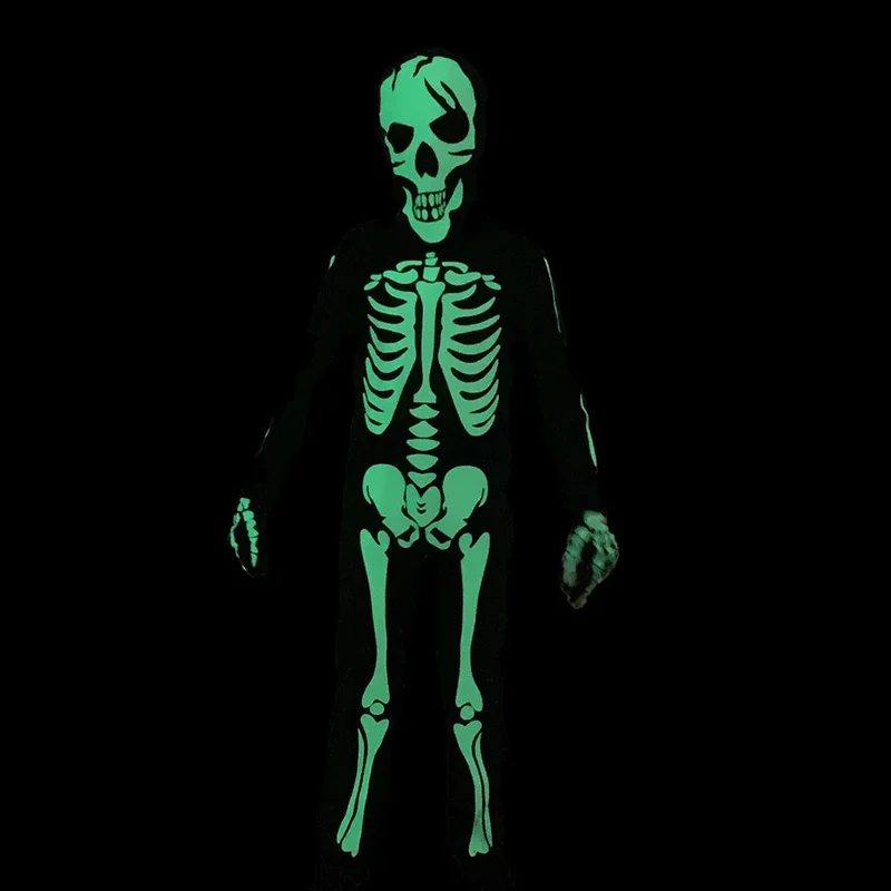 Skeletkostuum kinderen – Jumpsuit met capuchon en handschoenen die gloeien
