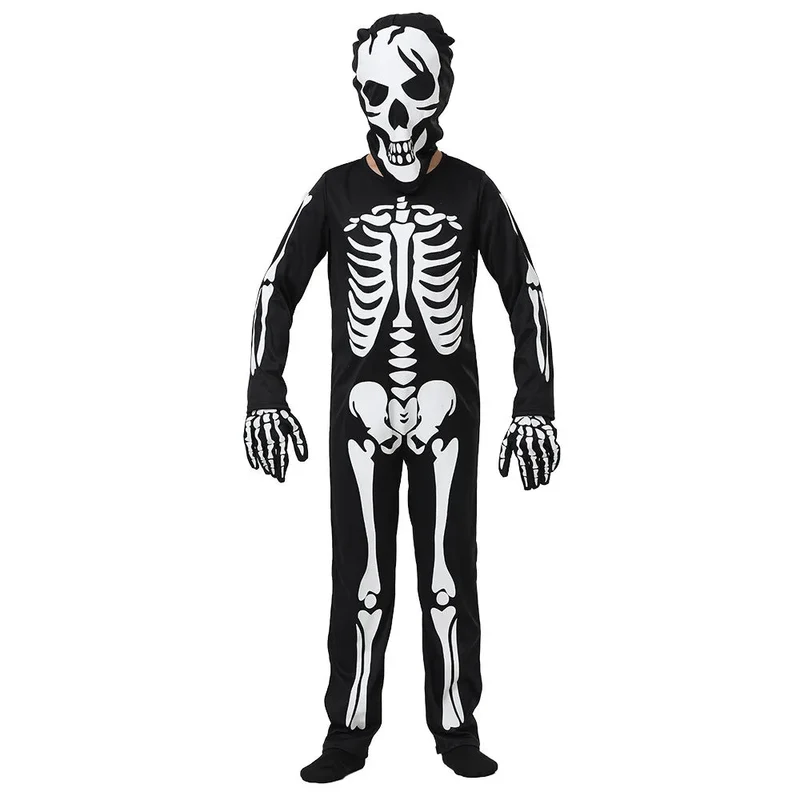 Skeletkostuum kinderen – Jumpsuit met capuchon en handschoenen die gloeien
