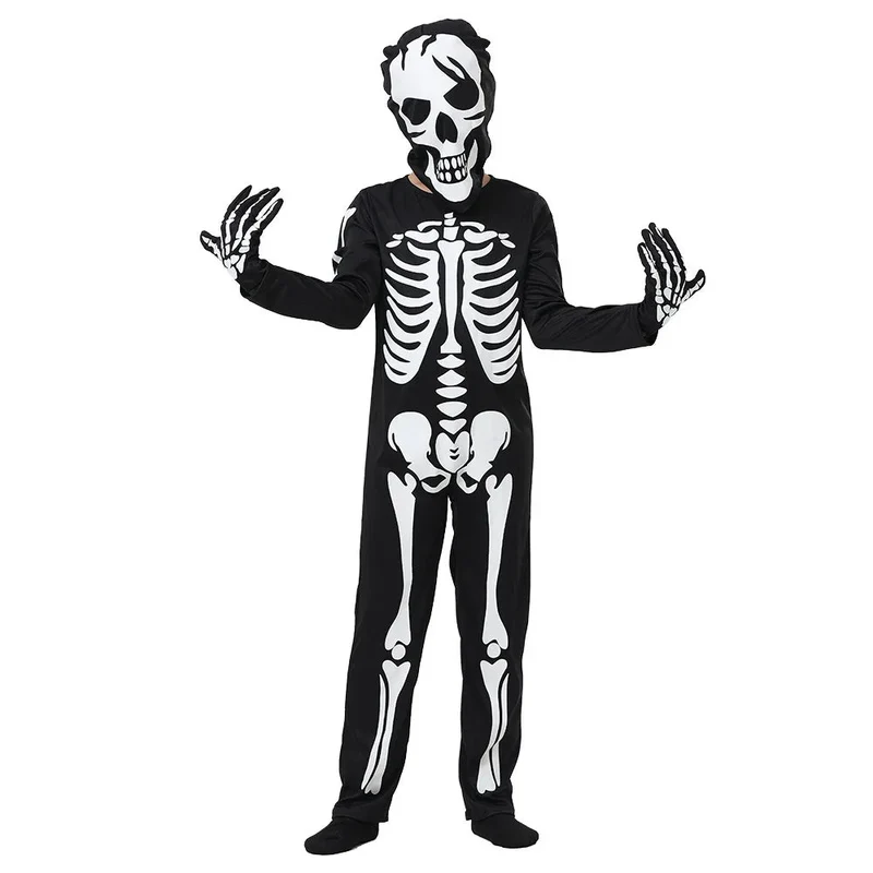 Skeletkostuum kinderen – Jumpsuit met capuchon en handschoenen die gloeien