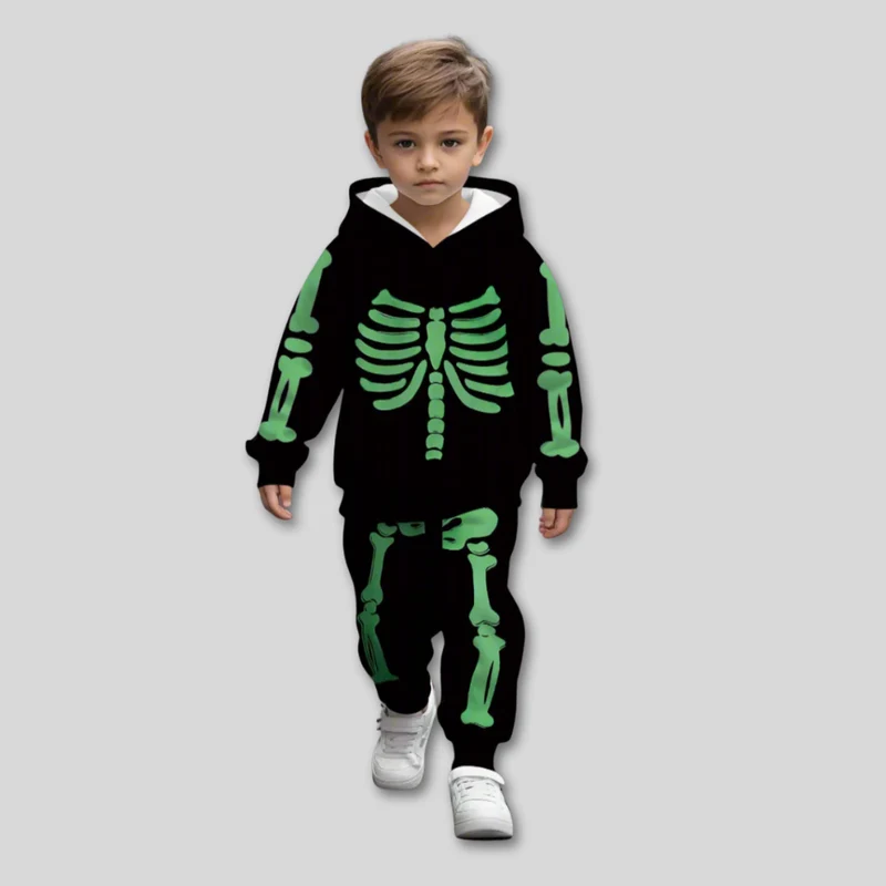 Peuterkostuum – Hoodie en broek met skeletprint die in het donker gloeit