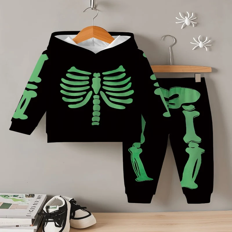 Peuterkostuum – Hoodie en broek met skeletprint die in het donker gloeit