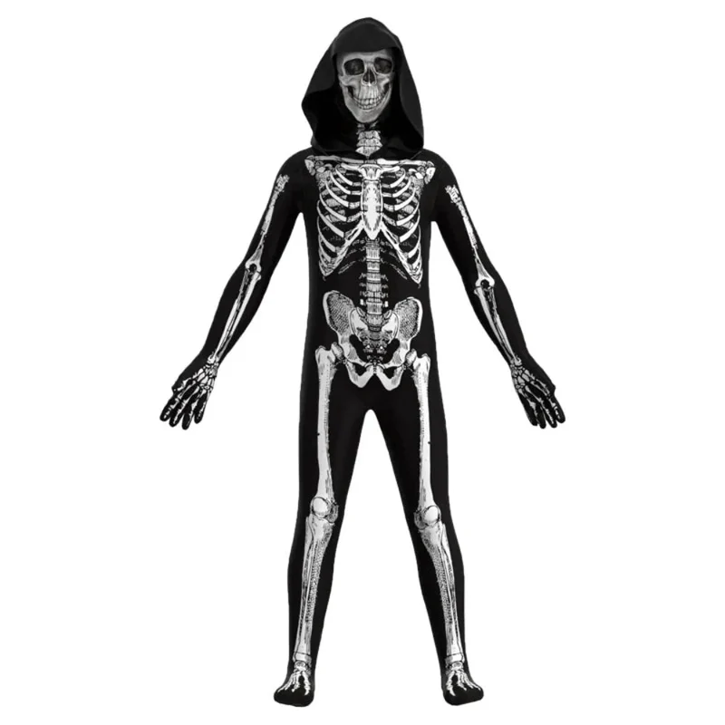 Zombiekostuum – Jumpsuit met skeletprint, rugrits en schedelmasker