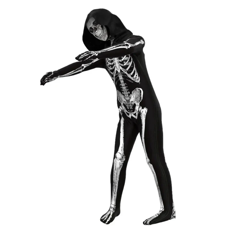 Zombiekostuum – Jumpsuit met skeletprint, rugrits en schedelmasker
