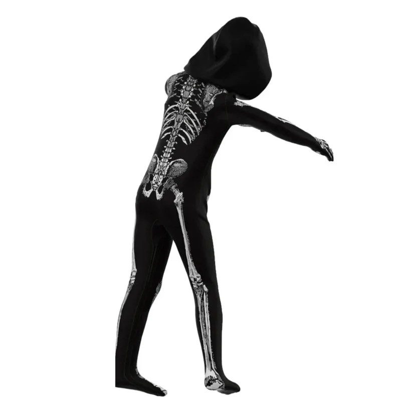 Zombiekostuum – Jumpsuit met skeletprint, rugrits en schedelmasker