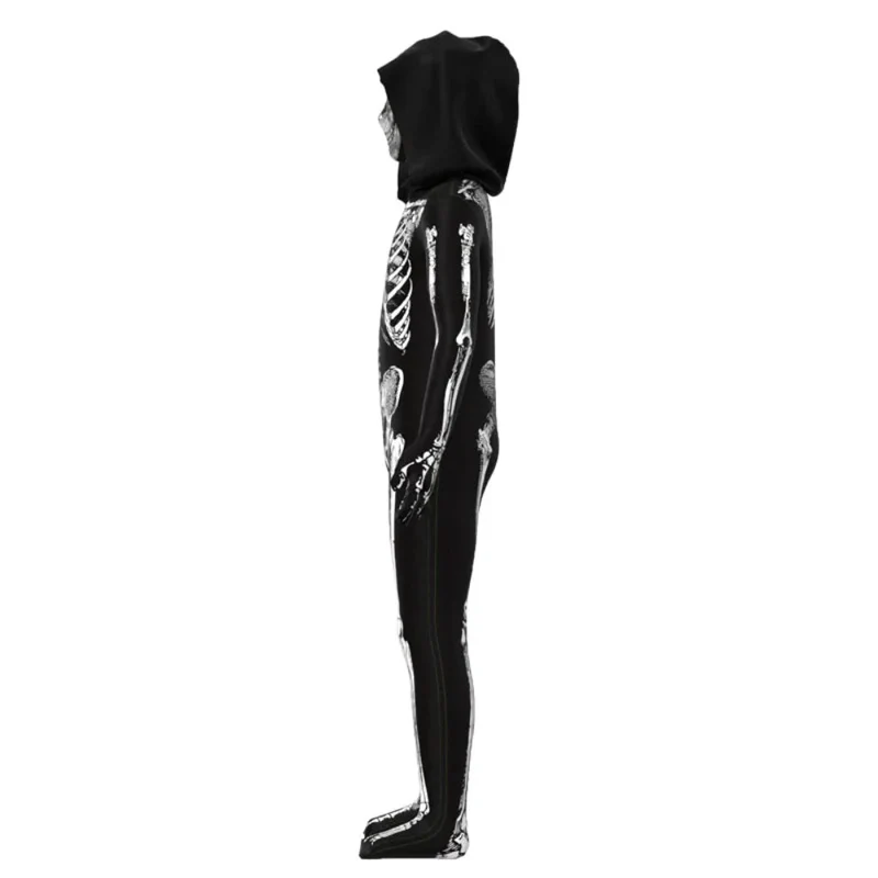 Zombiekostuum – Jumpsuit met skeletprint, rugrits en schedelmasker