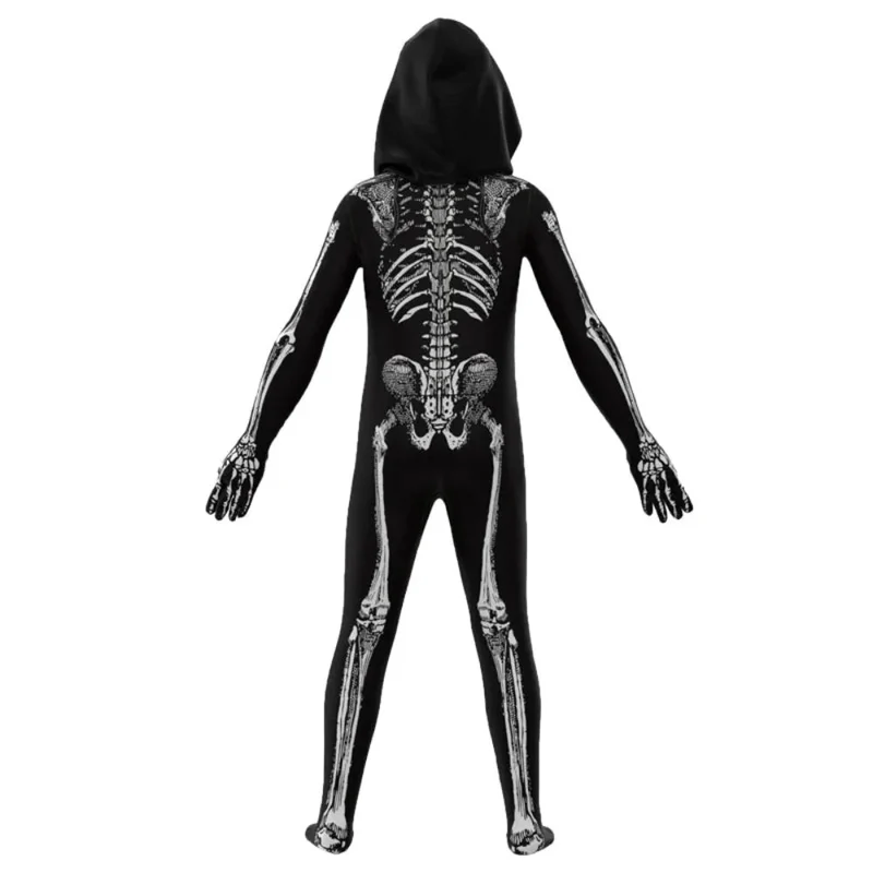 Zombiekostuum – Jumpsuit met skeletprint, rugrits en schedelmasker