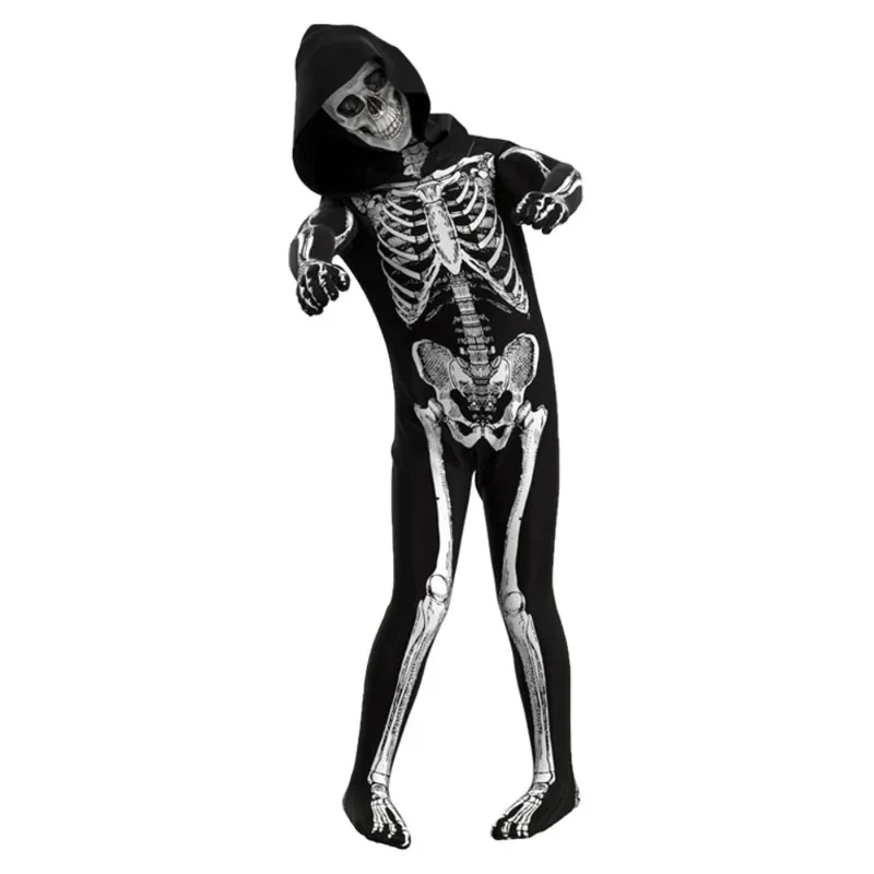 Zombiekostuum – Jumpsuit met skeletprint, rugrits en schedelmasker