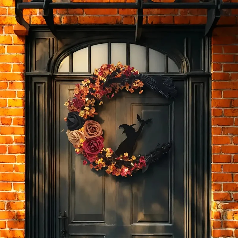 Halvemaankrans – Herfstbloemen met heksensilhouet voor deur of wand