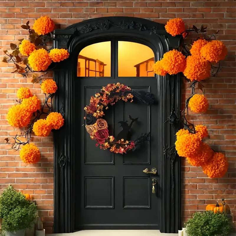 Halvemaankrans – Herfstbloemen met heksensilhouet voor deur of wand