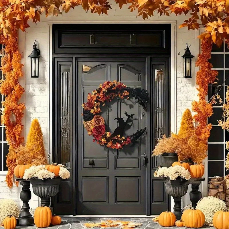 Halvemaankrans – Herfstbloemen met heksensilhouet voor deur of wand
