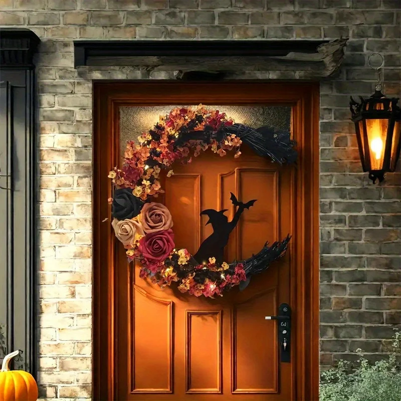 Halvemaankrans – Herfstbloemen met heksensilhouet voor deur of wand