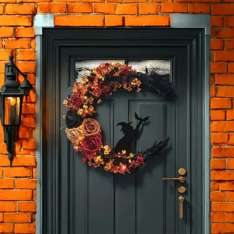 Halvemaankrans – Herfstbloemen met heksensilhouet voor deur of wand