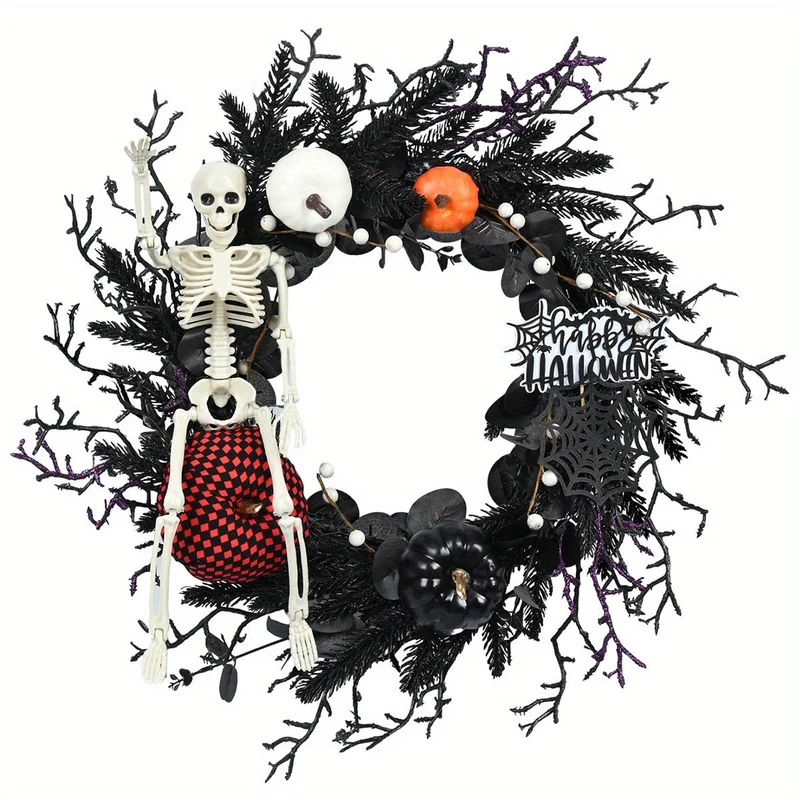 Halloweenkrans – Skelet tussen zwarte takken en pompoenen voor de voordeur