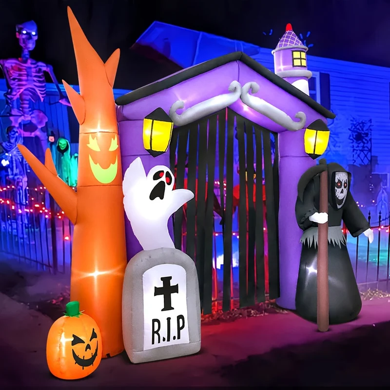 Opblaasboog – Verlichte Halloween-entree met spook, pompoenen en grafsteen