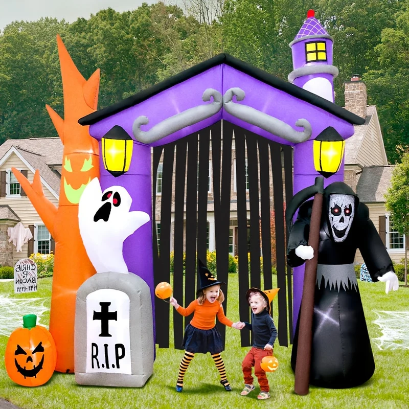 Opblaasboog – Verlichte Halloween-entree met spook, pompoenen en grafsteen