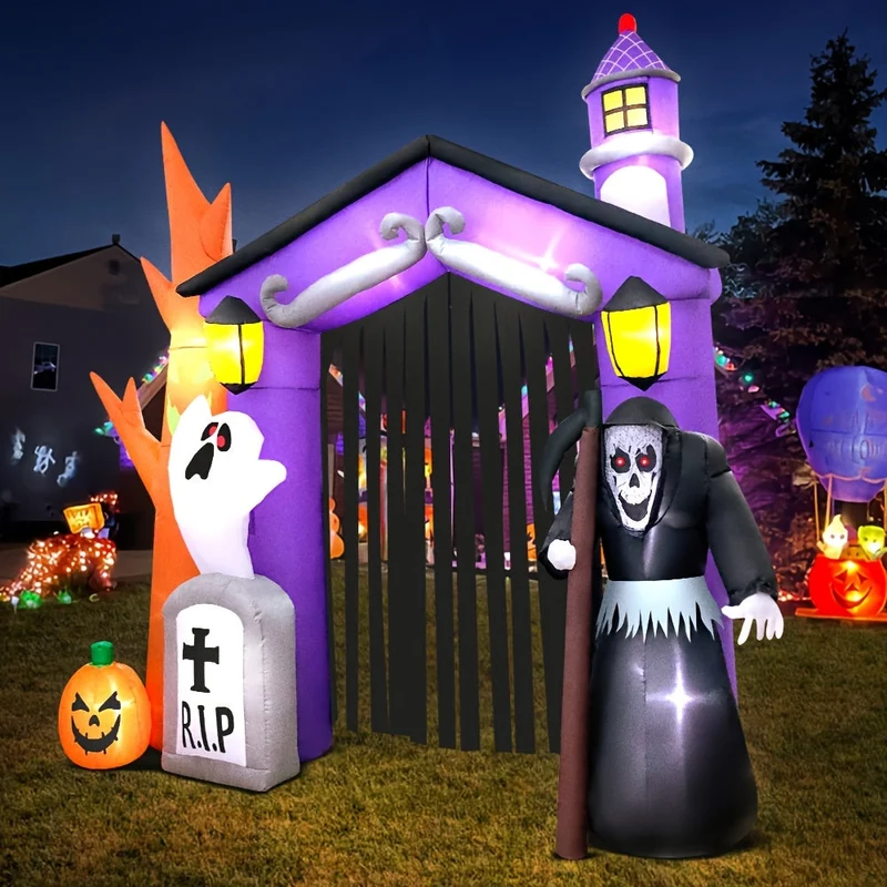Opblaasboog – Verlichte Halloween-entree met spook, pompoenen en grafsteen