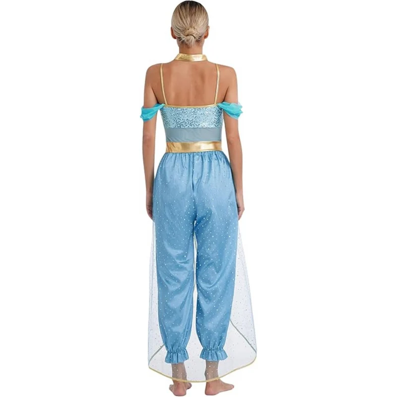 Halloween jumpsuit dames – Pailletten lijfje met off-shoulder en wijde broek