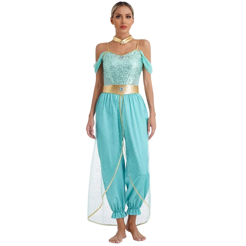 Halloween jumpsuit dames – Pailletten lijfje met off-shoulder en wijde broek