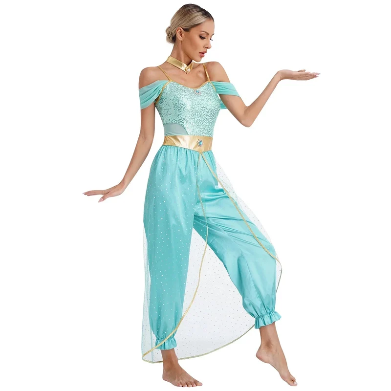 Halloween jumpsuit dames – Pailletten lijfje met off-shoulder en wijde broek
