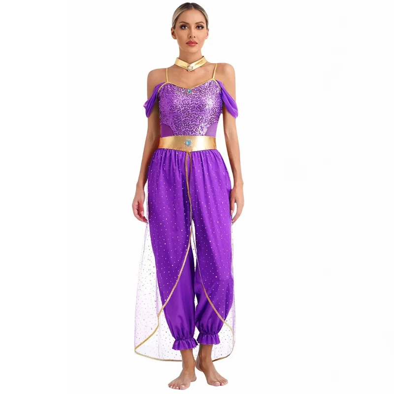 Halloween jumpsuit dames – Pailletten lijfje met off-shoulder en wijde broek