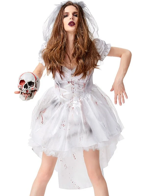 Bruidskostuum Halloween – Pofmouwen, tule en gelaagde high-low rok