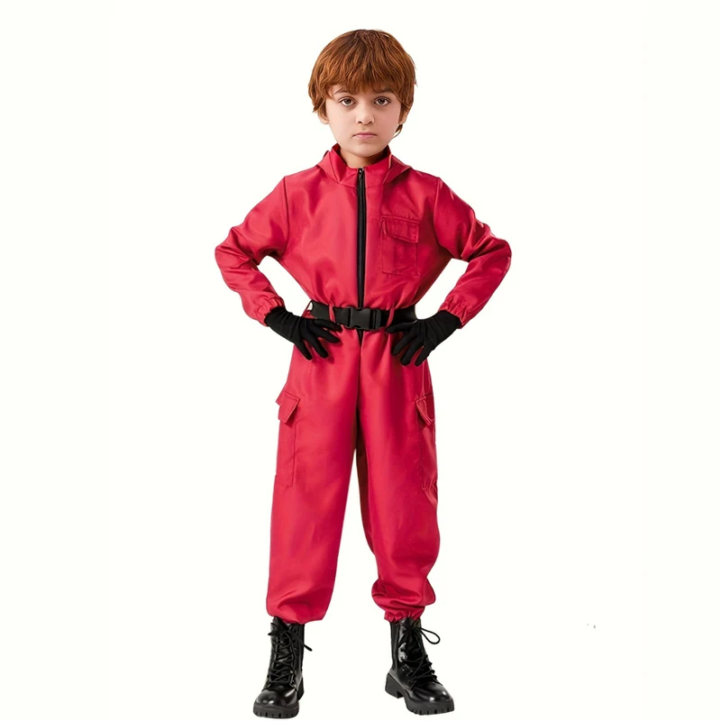 Kinderkostuum soldaat – Rode jumpsuit met handschoenen en riem